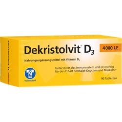 Gelbe Packung von Dekristolvit D3 mit 90 Vitamin-D3-Tabletten.